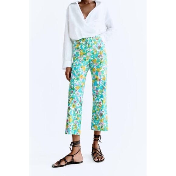 NWT Zara Floral Printed Linen Blend High Waisted Cropped Flare Trousers, Size 4 - Picture 2 of 16